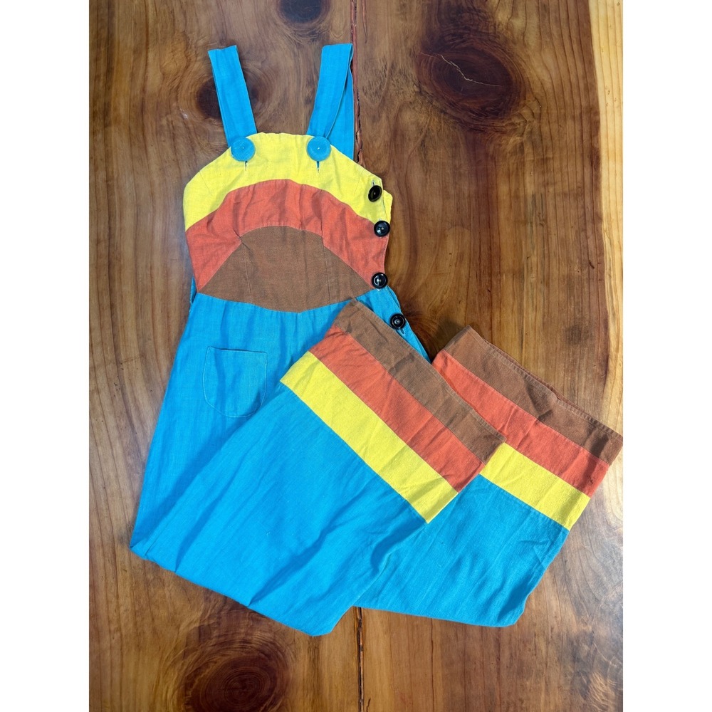 Vintage 70s Women's Jumpsuit Linen Wide leg Hippie Rainbow Stripe Retro T3-22